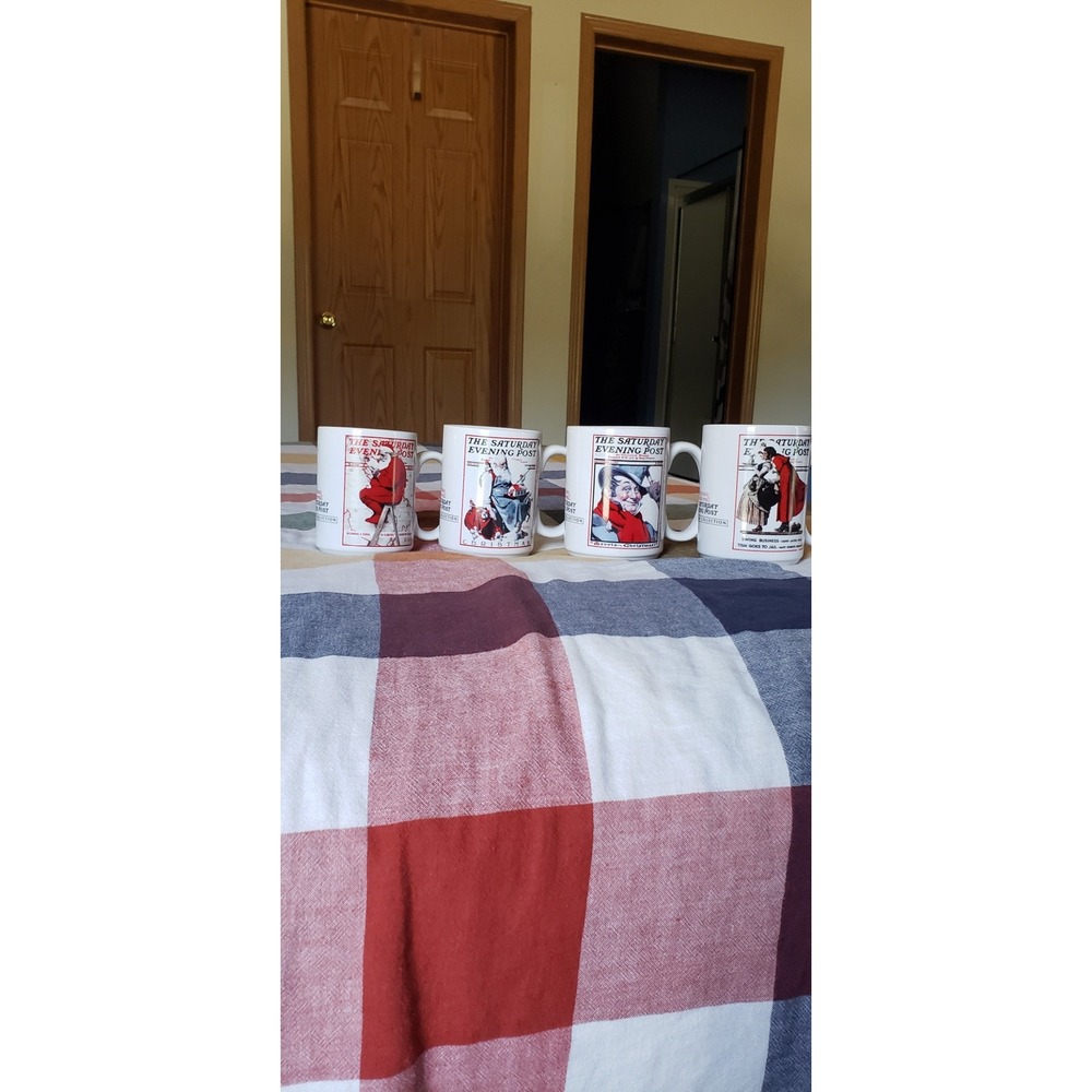 Saturday Evening Post Norman Rockwell Christmas Mug Set of 4 Vintage Holiday Art